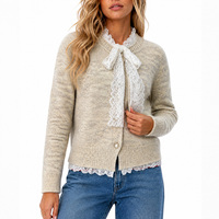 Cardigan en polyester tricoté personnalisé pour femme avec nœud en dentelle et ourlet festonné, pull élégant à col rond avec boutons perlés, OEM/ODM
