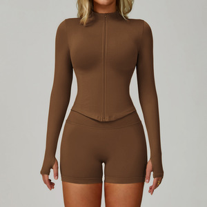 Veste de yoga pour femme style européen et américain, col montant, fermeture éclair, manches longues, coupe ajustée, en Spandex/Nylon, séchage rapide, anti-transpiration - Product Image 6