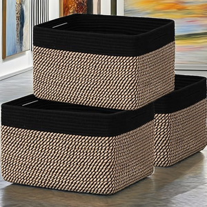 3-Pack Foldable Cotton Rope Square <b>Basket</b> Handles/Shelves | Dog Toy Shoe Storage | Baby <b>Gift</b> | New 13.5x11x9.5" (Black/Jute) - Product Image 2