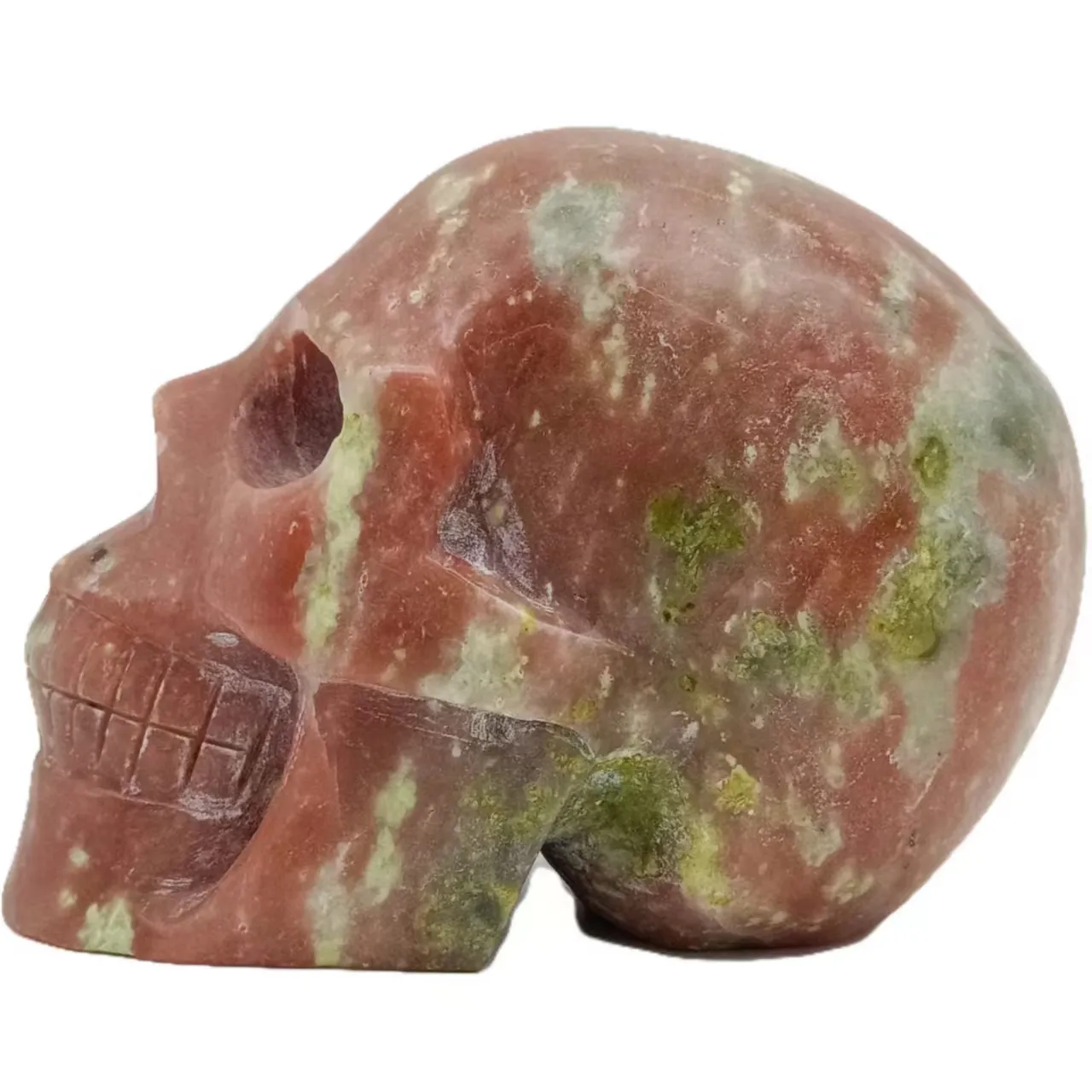 Natural Hand Carved Serpentine And Red Aventurine Symbiosis Skulls Healing Gemstone Polished Crystal Home Decoration