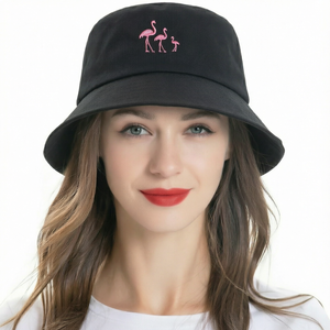 Chapeau Bob Unisexe en Mélange de Coton Brodé Flamant Noir Réglable pour la Plage, les Voyages et le Quotidien – Toutes Saisons - Product Image 1