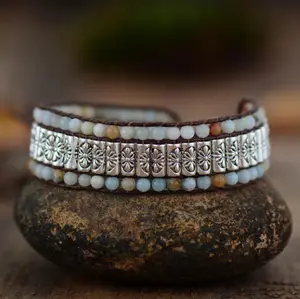 Handmade Wrap Bracelet Turquoises Antique Metal Beads Weaving Statement Wristband Bracelet Teengirls Jewelry Gifts for Women