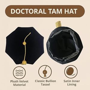 Toque de doctorat en velours noir à 8 pans avec pompons dorés – Toque de graduation haut de gamme pour la cérémonie universitaire - Product Image 6