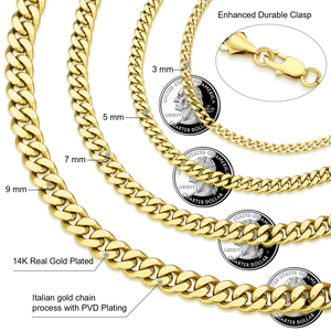 Pulsera de Cadena Cubana Miami de Acero Inoxidable con Baño de Oro Real de 14K, Resistente al Agua y al Deslustre, de 3/5/7/9mm, Personalizada para Hombre y Mujer - Product Image 2