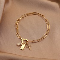 Nouveau bracelet pour femme, style chaîne satellite et maillons trombone, avec breloques croix et lettres en zircon, design professionnel/de bureau