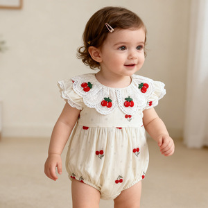 Nuevo Mameluco para Bebé Niña, Mameluco de Verano con Bordado de Cerezas, Cuello de Encaje, Manga con Volantes, Body de Algodón, Ropa para Bebés - Product Image 1