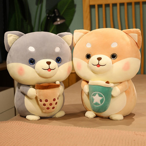 Cute Shiba Inu Boba Milk Tea Design Super Soft Plush Toy PP Cotton Filled Animal Throw Pillow for Valentine's Day Lining Mesh - Product Image 1