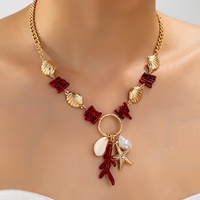 Collier de plage style resort à thème océanique avec étoiles de mer, coquillages et chaîne en alliage de corail rouge, accessoire d'été pour femme