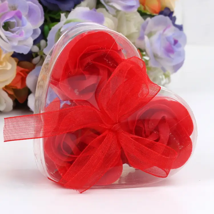 Best Selling Valentine Gift PromotionalギフトHeart Shape Plasticケース3 Roses Soap Flower