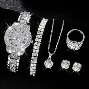 Quartz Horloge Kristallen Ketting Set Oorbellen Sieraden Armband Mode Ketting Rvs Ring Combo Sieraden Voor Vrouwen