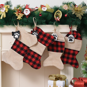 2024 <b>Christmas</b> Dog <b>Stockings</b> Linen Plaid Paw Print Pet Sublimation <b>Stocking</b> <b>Holder</b> Candy Gift Bag - Product Image 1