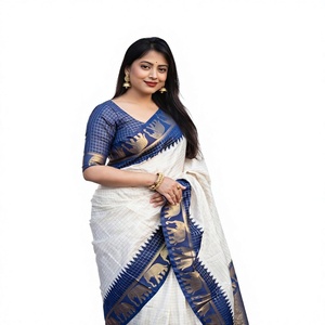 Sari de Polietersulfona de Secado Rápido de Alta Calidad con Cuello en V y Mangas Abullonadas Bordadas con Flores Hechas a Mano, Ropa de India y Pakistán 2022 - Product Image 4