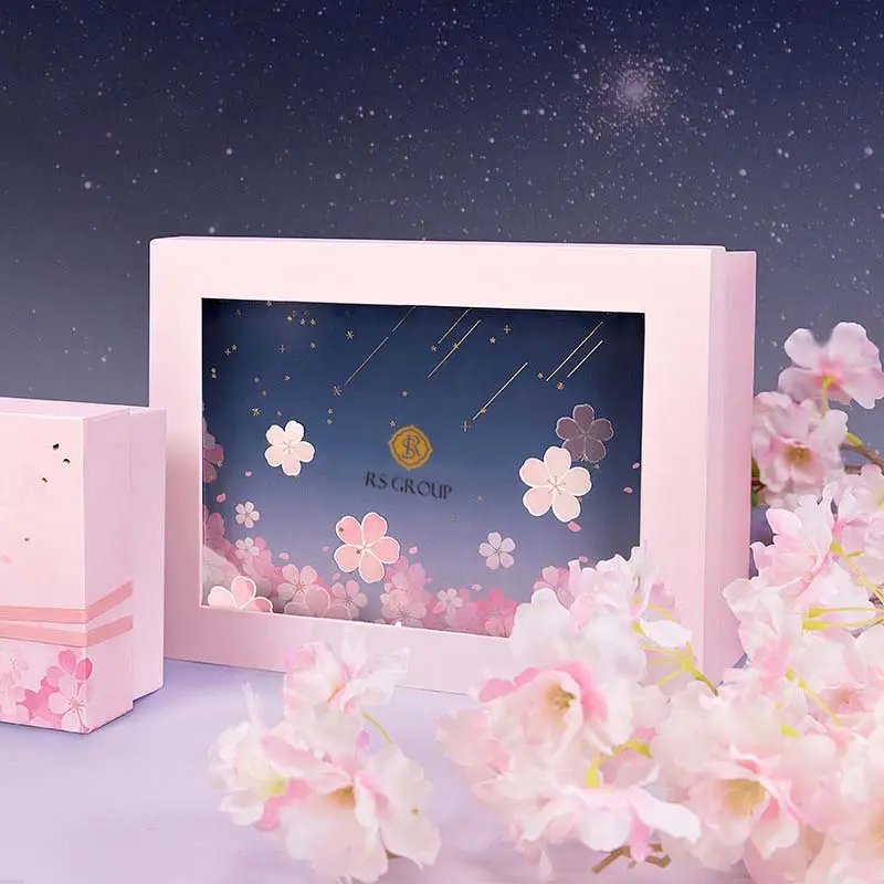 RS — boîte d'emballage cosmétique haut de gamme, coffret en papier pour parfum rose avec motif de fleurs de cerisier