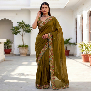 Sari Tradicional Indio de Seda NiMa Creations con Borde Bordado de Secado Rápido para Bodas y Fiestas, Largo hasta el Suelo, Corte Regular para Mujer - Product Image 1