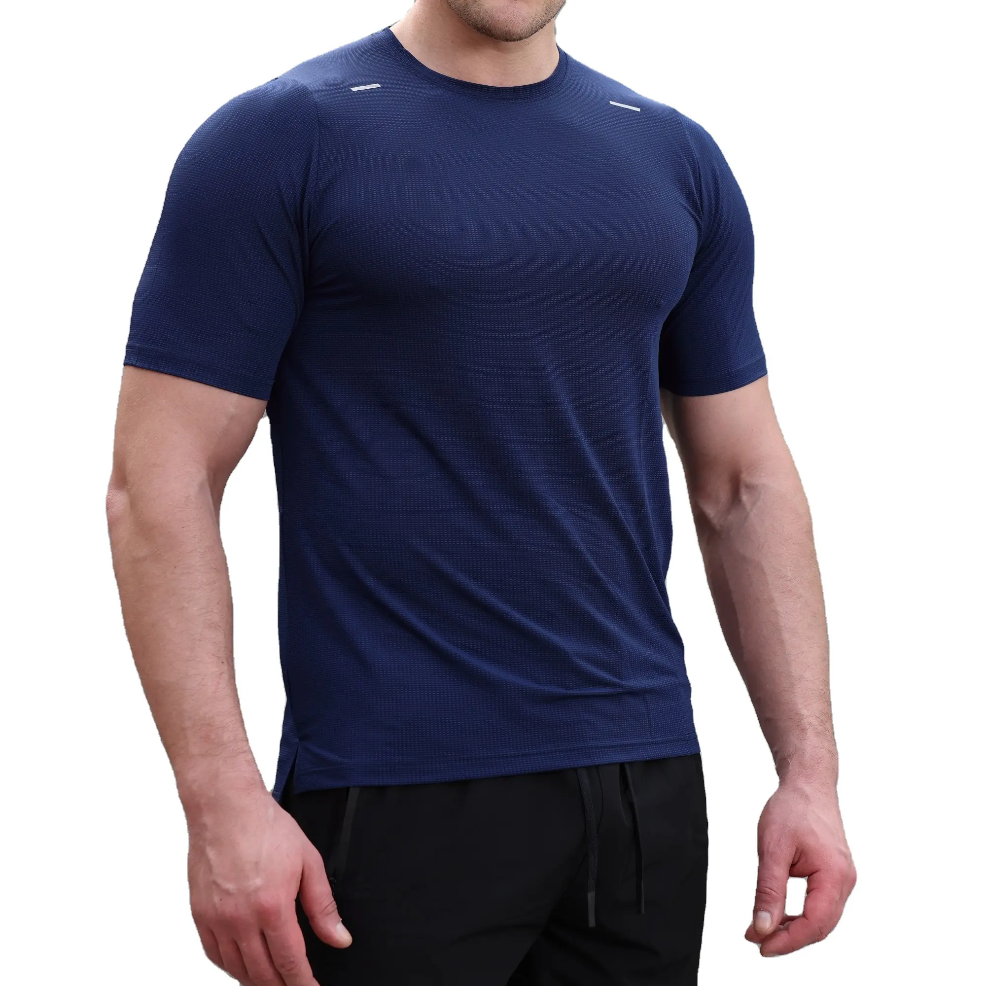 Camiseta de academia personalizada com ponta dividida, para corrida, fitness, com pescoço redondo