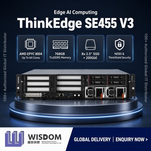 Brand New Lenovos ThinkEdge SE455 V3 AMD EPYC 8024PN 8 Cores GPU Edge AI Inferencing Telco NEBS 200GbE 2U Rack Server