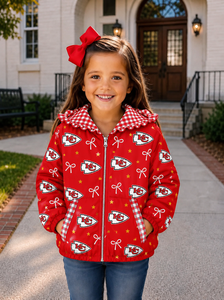 Manteau à capuche zippé pour enfants, motif étoiles et volants, avec nœuds de mascotte d'équipe scolaire personnalisés, style boutique, vêtements mignons pour sœurs, vente en gros, automne - Product Image 4