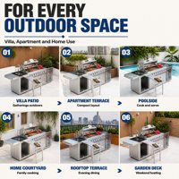 Îlot de cuisine extérieur personnalisable avec barbecue intégré, évier en acier inoxydable et réfrigérateur à boissons pour les rassemblements sur la terrasse de villas modernes