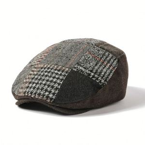 2023 Autumn Winter New Euro American British Houndstooth <b>Flat</b> Top Ivy <b>Cap</b> Ducktongue Retro <b>Mens</b> Cotton Beret Hat - Product Image 5