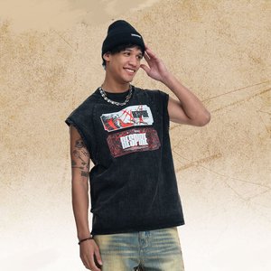 Men's Sleeveless T Shirt Vintage Washed Muscle Tee Graphic Print Cotton Knit <b>Raglan</b> Armholes Streetwear <b>Top</b> - Product Image 2