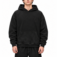 Sweat à capuche noir personnalisé avec strass pour homme, 380 GSM, coupe ample et oversize, effet délavé et vieilli, OEM, faible MOQ