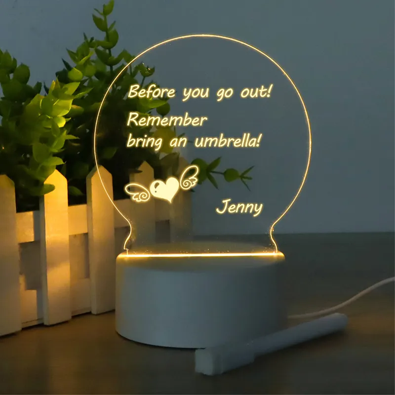 Leeres Acryl-Schreib-Trockenlösch-Message-Board 3D-LED-Nachtlichtlampe Runder Sockel Beleuchten Sie das Notiz brett mit Stift