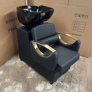 Fauteuil de lavage de luxe moderne noir et or avec bac en céramique blanc profond pour salon de coiffure et barbier - Product Image 3