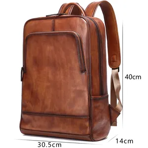 Marrant mochila escolar masculina de couro, de viagem, 15.6 polegadas, para laptop, de couro genuíno