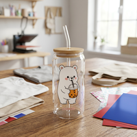 Gobelet en verre de haute qualité avec couvercle en bambou et paille, motif ours de dessin animé mignon, réutilisable pour café glacé et bubble tea