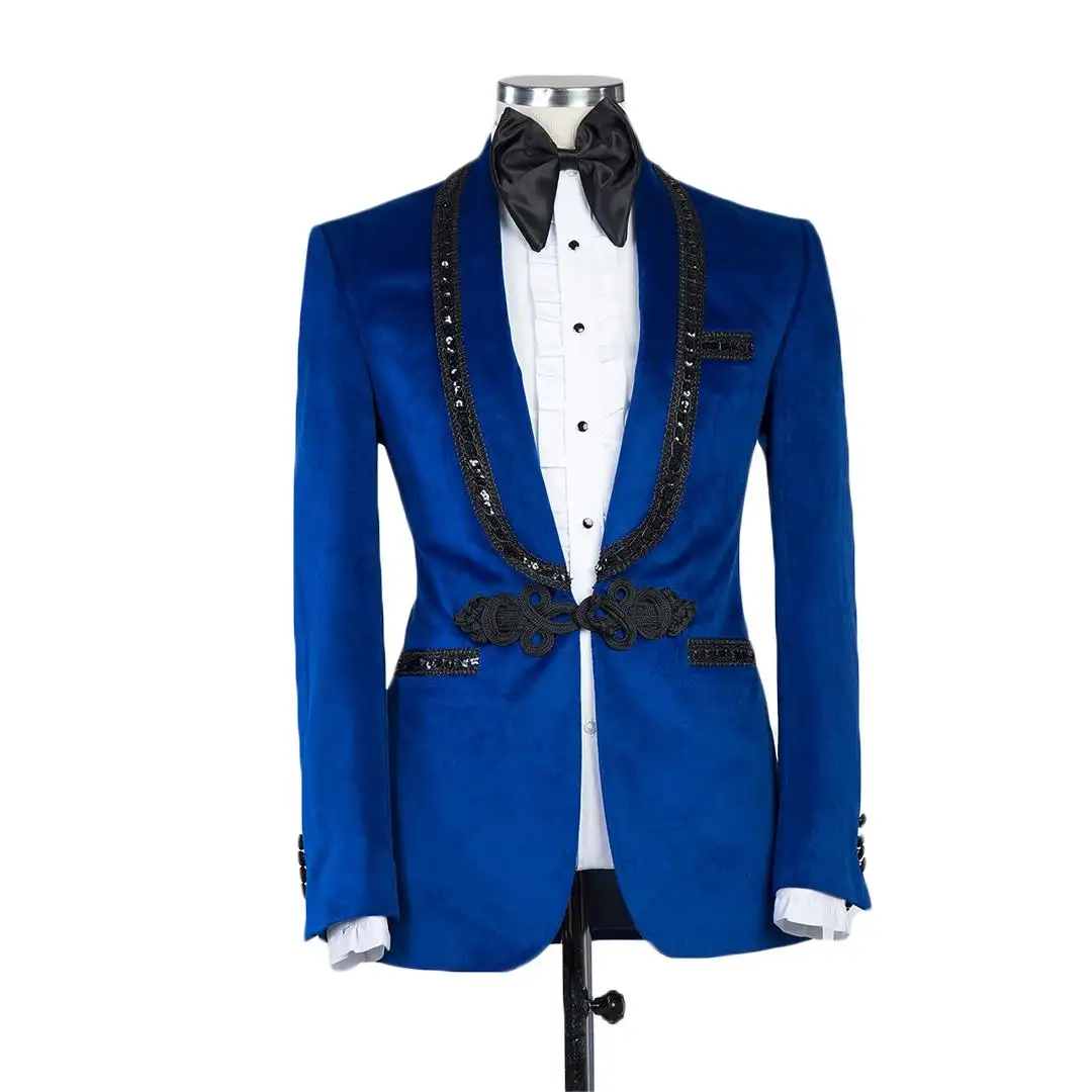 Latest Blue Velvet Men's Suits Black Sequins Groom Wedding Blazer Tuxedos Formal Business Prom Pants Jacket 2 Pieces Skinny