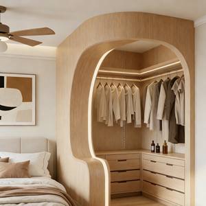 Armoire de chambre à coucher en bois E0/NAF au prix d'usine, design d'arche incurvée personnalisé, rangement multifonctionnel avec tiroirs intégrés - Product Image 1