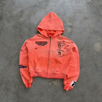 Sudadera con capucha para hombre personalizada, con cremallera, efecto desgastado, detalles rasgados, bolsillo frontal, estampado gráfico, bajo corto, estilo urbano, ropa casual, proveedor