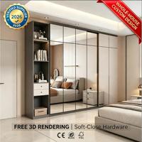 Lemari Pakaian Cermin Panjang Modern dengan Rak Terbuka & Bingkai Hitam Ramping untuk Kamar Tidur Utama, Sistem Lemari Pintu Geser yang Dapat Disesuaikan