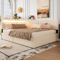 Cadre de lit rembourré de luxe beige avec chargeur USB, éclairage LED, deux tiroirs de rangement et pieds en bois massif pour chambre à coucher