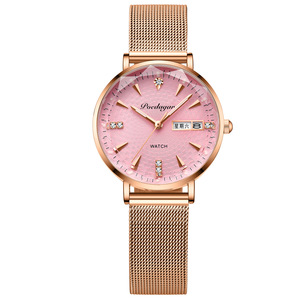Rose Gold Quartz <b>Watch</b> Stainless Steel Mesh Band Luminous Hands Calendar Display Water Resistant <b>Women</b> Wristwatch - Product Image 5