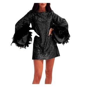 Vestido Corto Elegante con Lentejuelas y Cuello en V para Mujer, con Cintura Ajustable y Manga Larga, para Eventos Nocturnos - Product Image 5