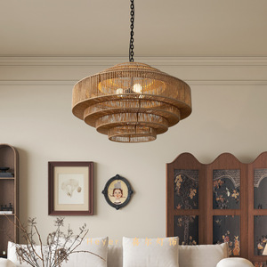 Lustre suspendu rond en rotin E27 LED à tête unique pour salon, restaurant, maison d'hôtes, salle de thé Zen - Product Image 1