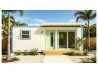 Casa Contenedor de Lujo, 1 Recámara, 1 Baño, Villa Tropical de Playa, Estuco Blanco, Detalles Azules, Puerta Verde Menta, Techo Plano, Terraza de Madera, Lista para Habitar