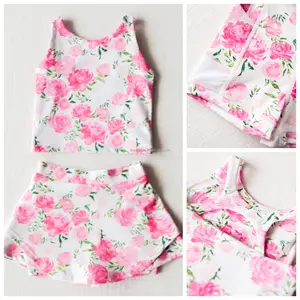 Wholesale Baby Girls Yoga 2 Pieces Sets Dance Wear Cute Print 2-in-1 Skirts Running Fitness Suit Sleeveless Kids Gym Sports Wear