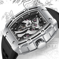 Montre mécanique automatique Mark Fairwhale pour homme, boîtier en alliage de 46 mm, bracelet en caoutchouc, étanche, cadran squelette lumineux en relief FW-6870