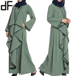 Custom Two Pieces Abaya Sets Crepe Ruffle Maxi Dresses OEM Arabic Women Muslim Malaysia Dress Green Plain Abaya Design
