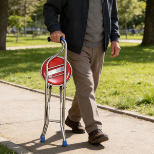 Stainless Steel <b>Folding</b> Cane <b>Stool</b> Red Non Slip Seat For Elderly Walking Aid - Product Image 1