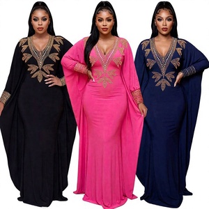 Abito Kaftano da Donna Plus Size con Scollo a V Profondo e Strass, Tinta Unita, Stile Arabo Musulmano del Medio Oriente, Dubai, <span class=keywords><strong>Marocco</strong></span>, <span class=keywords><strong>Africa</strong></span> - Product Image 1