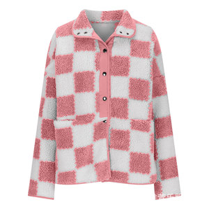 Veste en polaire sherpa à carreaux pour <span class=keywords><strong>femme</strong></span>, manches longues, boutonnée, avec bordure contrastante, manteau d'hiver, vente en gros, mode - Product Image 3