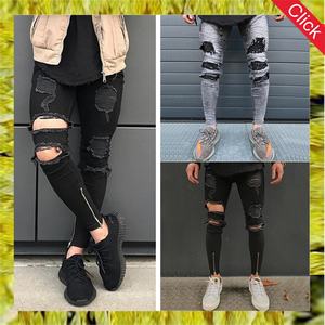 Pantalones vaqueros elásticos personalizados para hombre, estilo motero, con efecto destruido, rasgados y reparados, ajustados, con parches a rayas y cremallera en el tobillo - Product Image 6