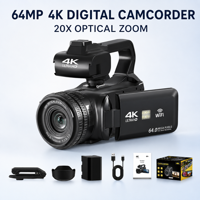 64MP 4K CMOS Sensor Face Tracking DV Camcorder 20X Optical Zoom 4.0in Touch Screen WiFi Hot Shoe Fill Light
