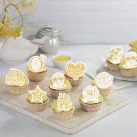 Essbare Cupcake-Topper zum 50. Geburtstag, goldene Geburtstagsdekorationen für „Prost auf 50 Jahre“, Geburtstagsparty-Kuchendekorationen und Zubehör