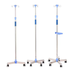 Support IV sur pied en acier inoxydable épaissi, mobile avec roulettes, porte-bouteille et support de pompe IV, en stock. - Product Image 2