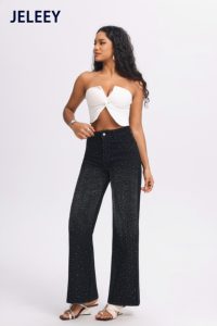 Nouveau jean taille haute à jambes larges amincissant avec strass scintillants - Noir élégant et sophistiqué - Product Image 2