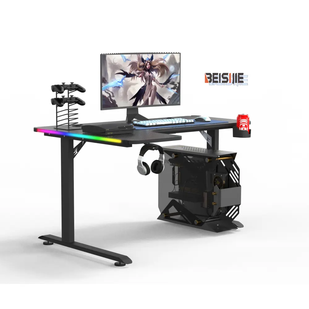 Meja Gaming permukaan besar berbentuk L, dengan lampu LED bawaan untuk peningkatan suasana